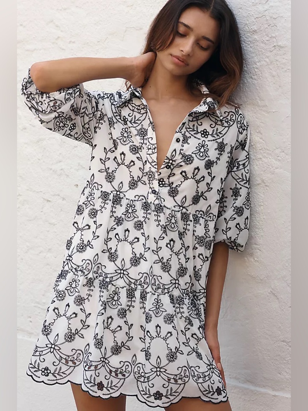 Anthropologie Maeve Bettina Tiered Shirtdress Mini Medium White Black Medium